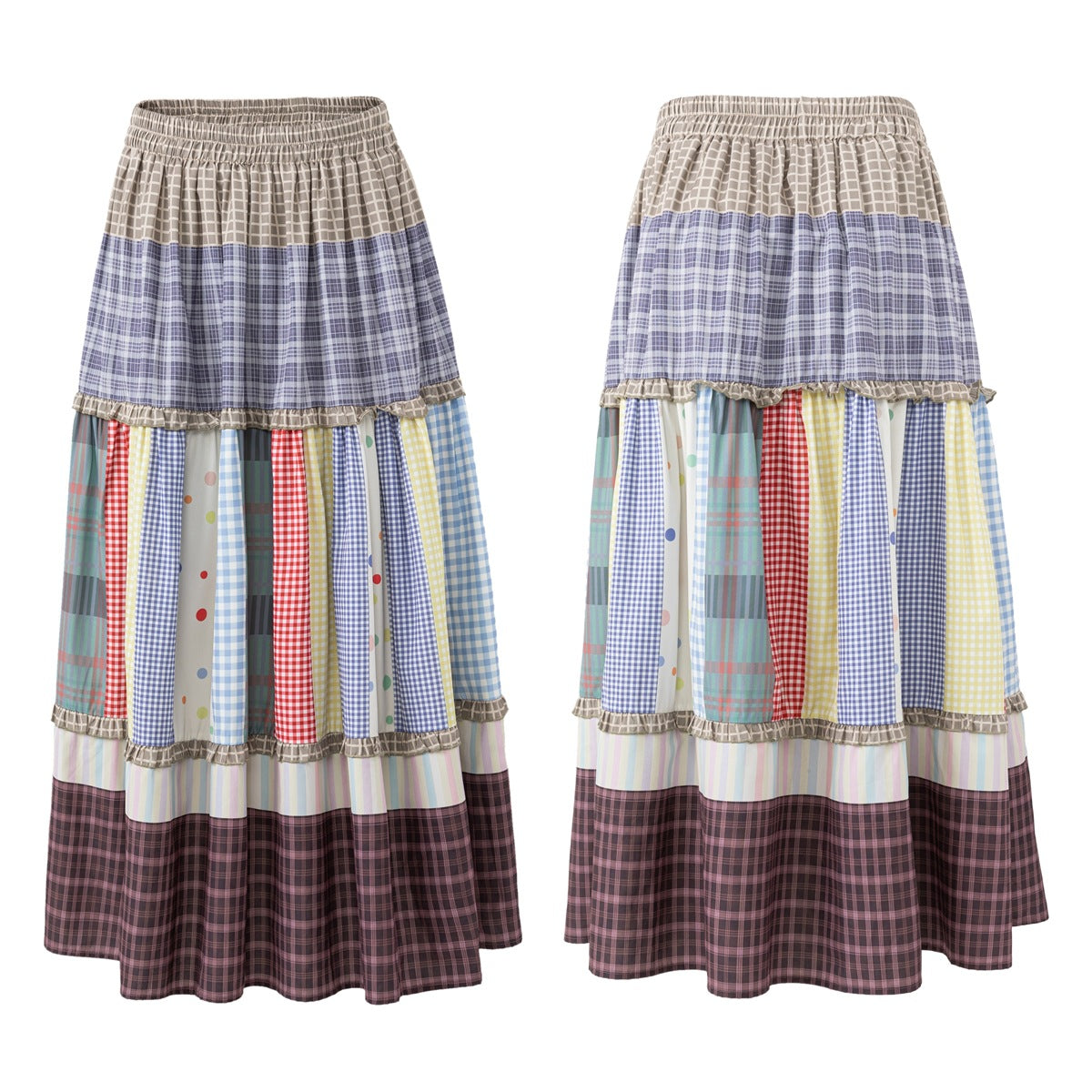 Isolated front and back views of a long tiered skirt with an elastic waist and multicolored plaid, check, dot, and stripe