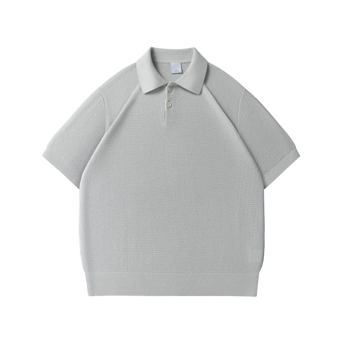 Light gray short-sleeve knit polo with textured knit, two buttons and ribbed cuffs and hem, flat front view
