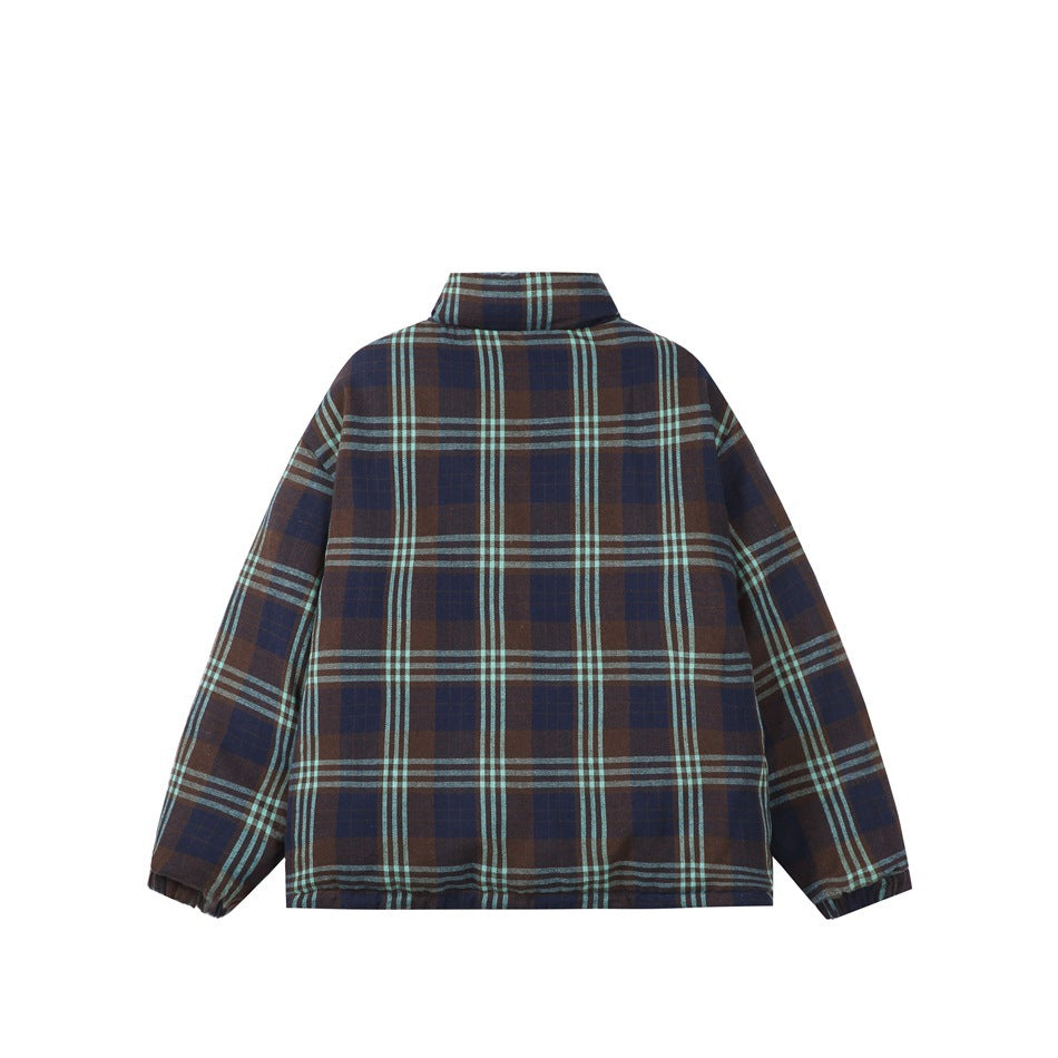 Back view of a high-collar jacket in a navy, brown and pale blue plaid pattern.