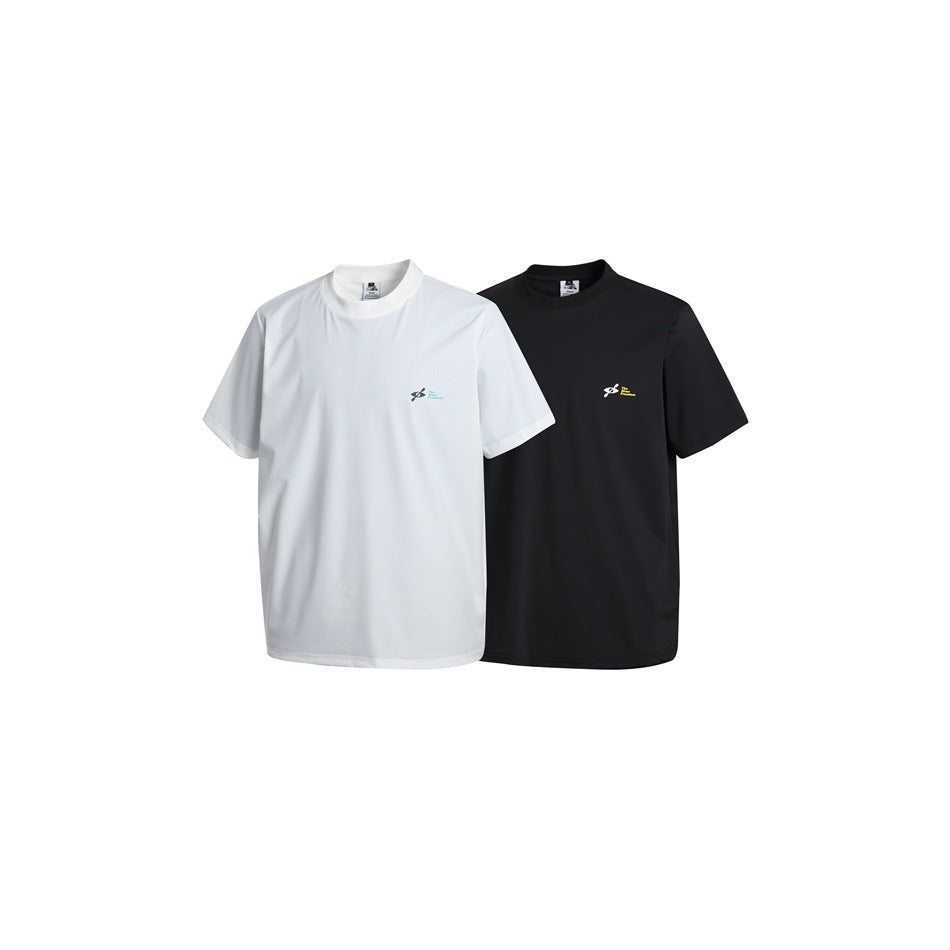 Two short-sleeve crew-neck T-shirts shown from the front, one white and one black, each with a small chest emblem.