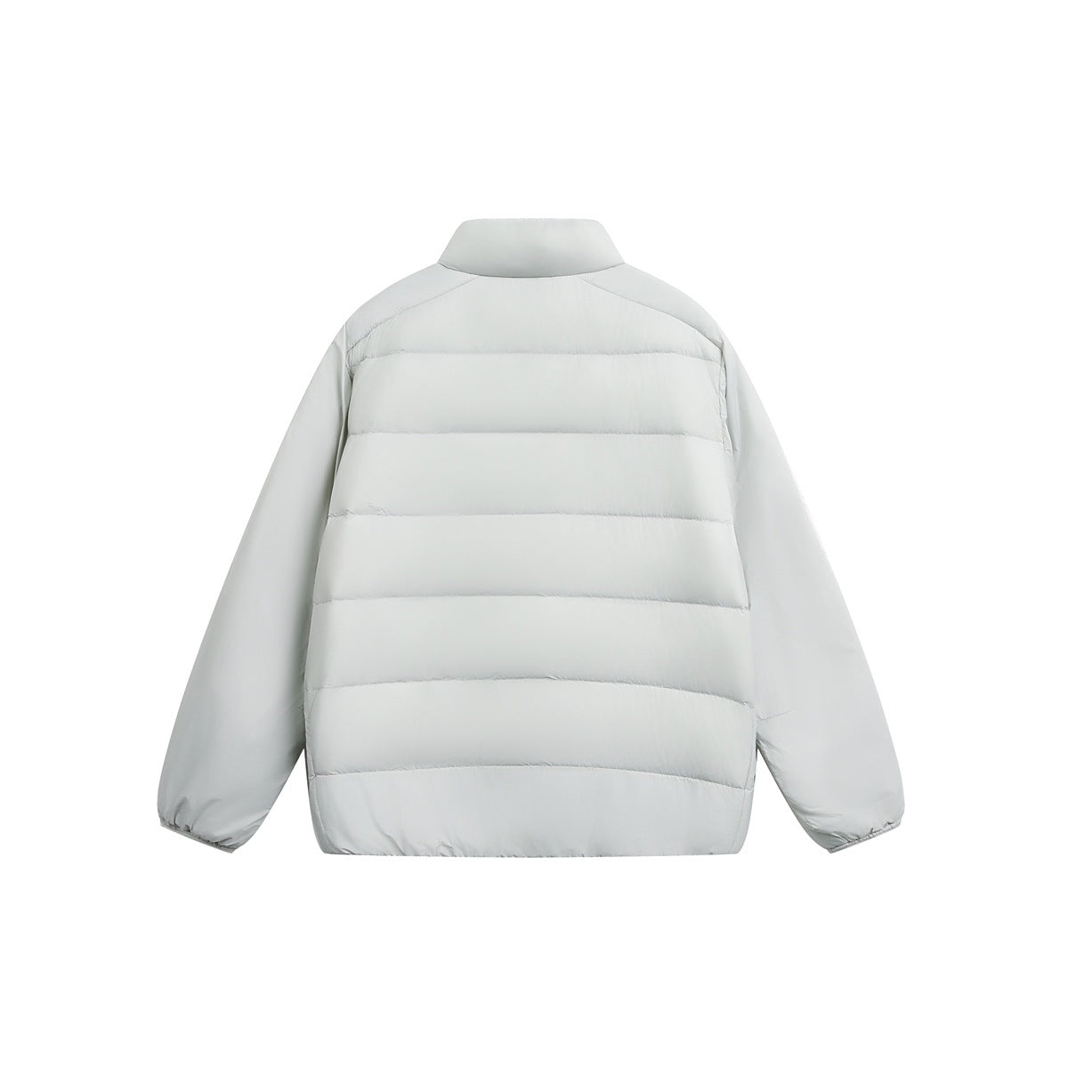 Back view of a light gray quilted jacket with a stand collar and horizontal padded panels.