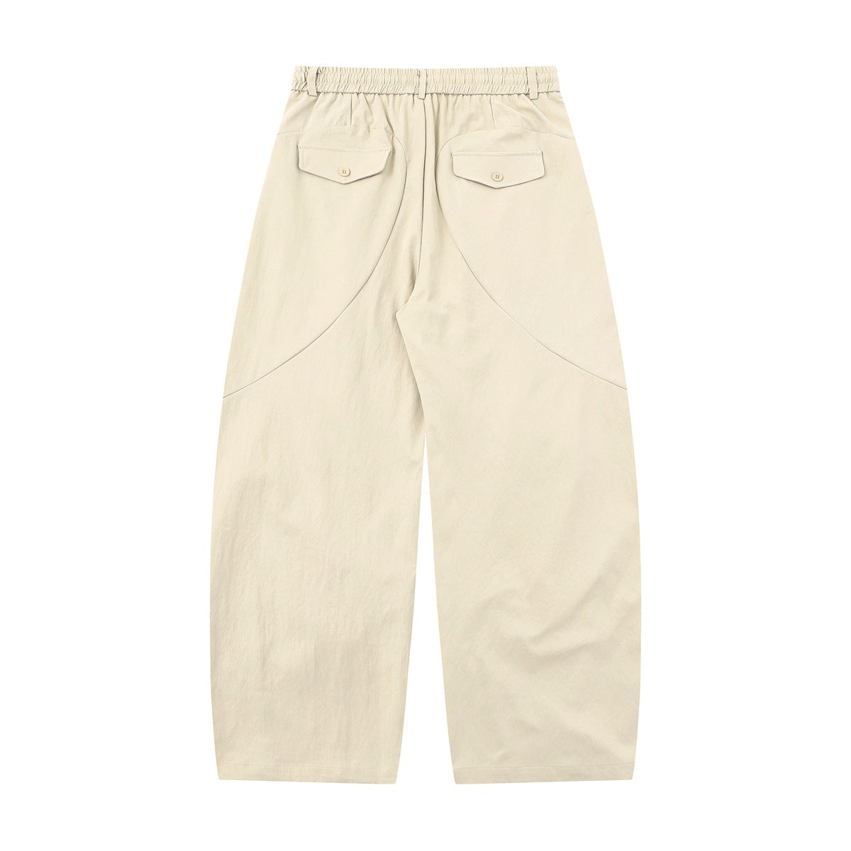 Full back view of cream wide-leg trousers with an elastic waistband and two buttoned flap pockets.