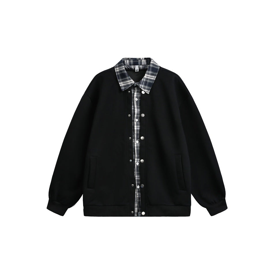 Black button-front jacket with plaid shirt collar and placket layered underneath, flat lay