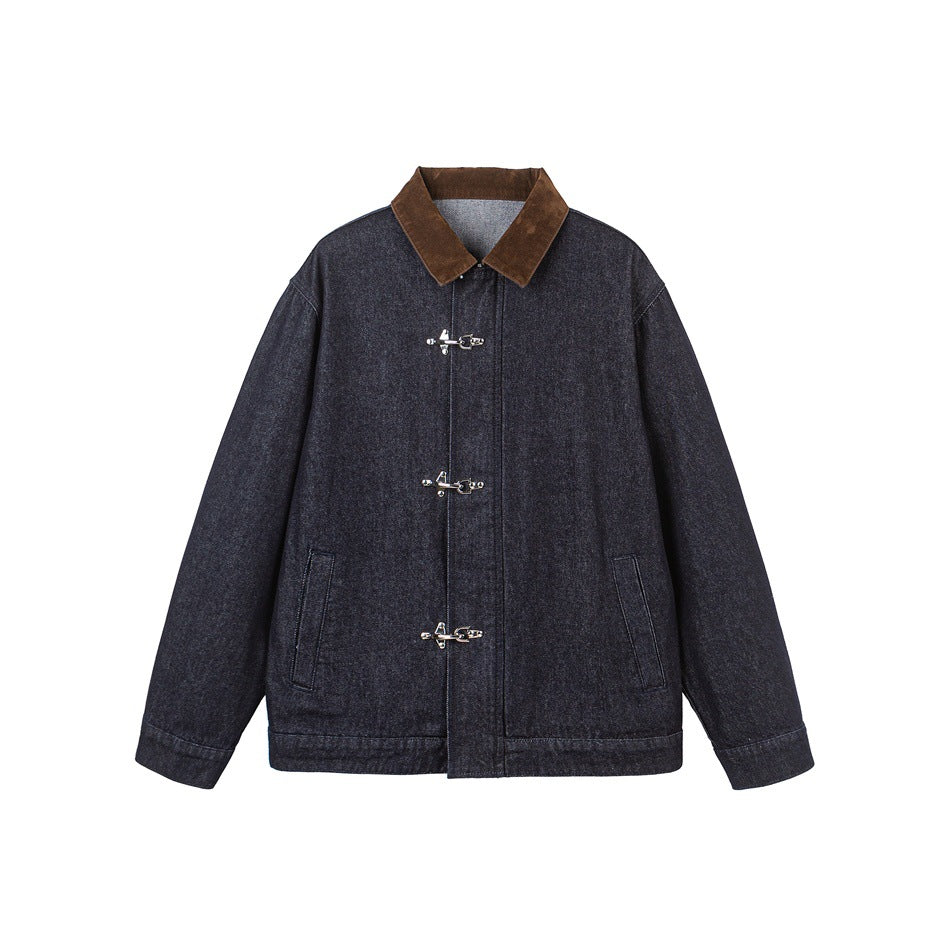 Navy denim jacket with brown collar and three metal hook clasps, flat front view