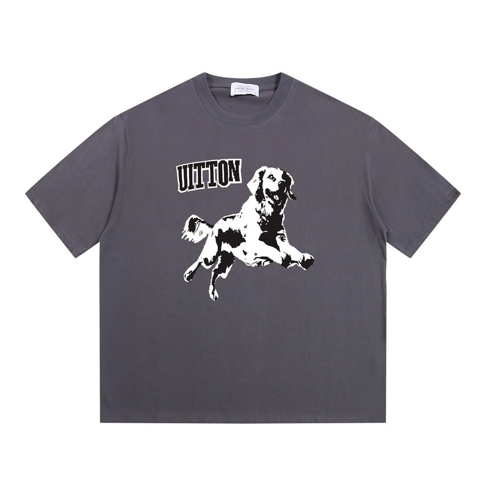 Gray short-sleeve crew-neck T-shirt with a black and white leaping dog graphic and lettering on the chest
