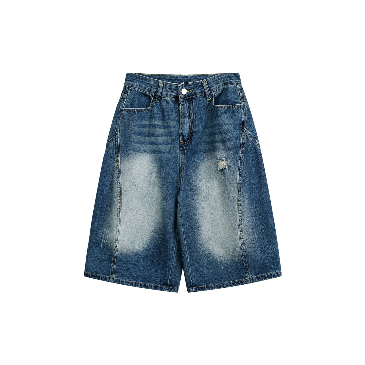Dark blue washed denim knee-length shorts with faded thigh patches and a small rip, flat lay front view