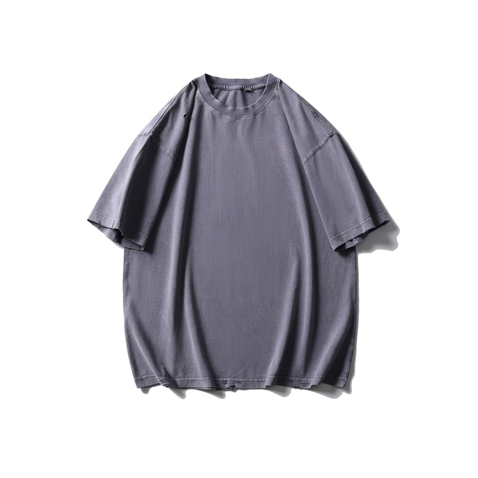 Purple-gray distressed short-sleeve crew-neck T-shirt, flat front view on white background
