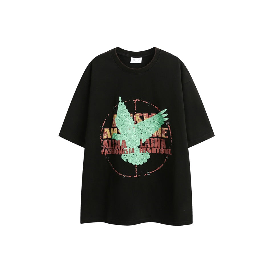 Black short-sleeve crew-neck T-shirt with textured mint-green bird graphic and red circular lettering design, front view