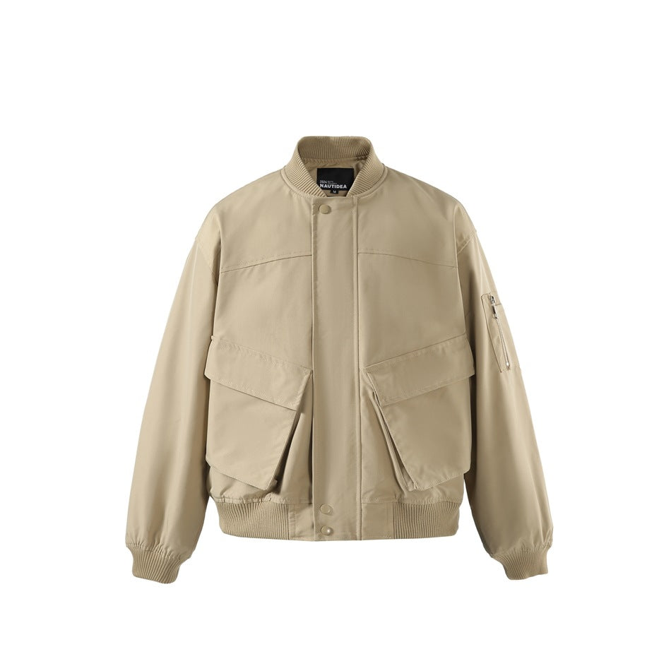 Khaki bomber-style jacket with ribbed collar, large flap pockets and sleeve zip pocket, front view