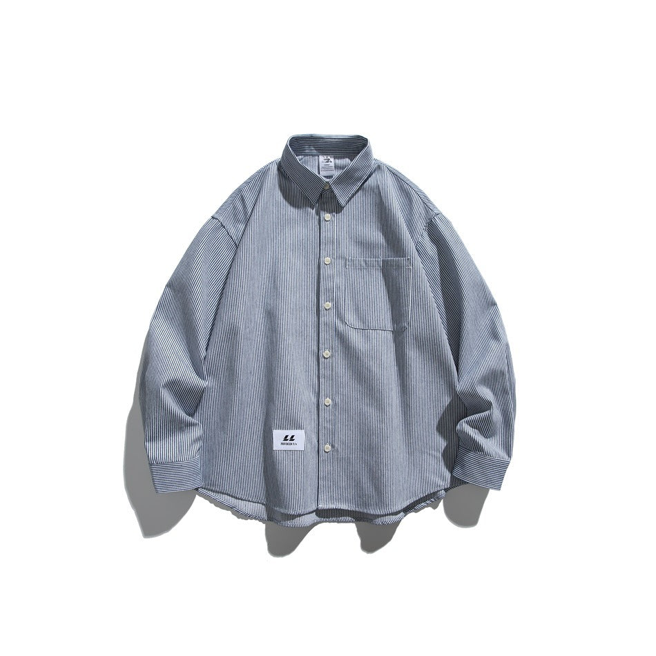 Navy and white fine-striped long-sleeve button-up shirt with chest pocket and small label, flat lay front view