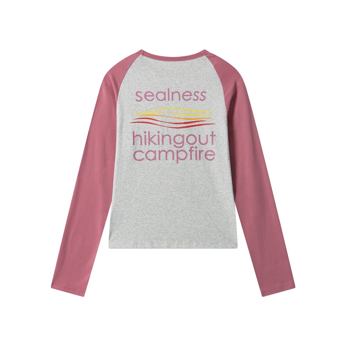 Back of heather gray long-sleeve raglan tee with dusty pink sleeves and campfire wave graphic print