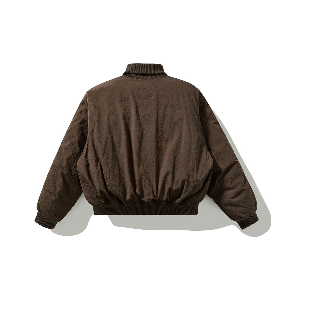 Back view of a dark brown jacket with a stand collar, long sleeves, and ribbed cuffs and hem.