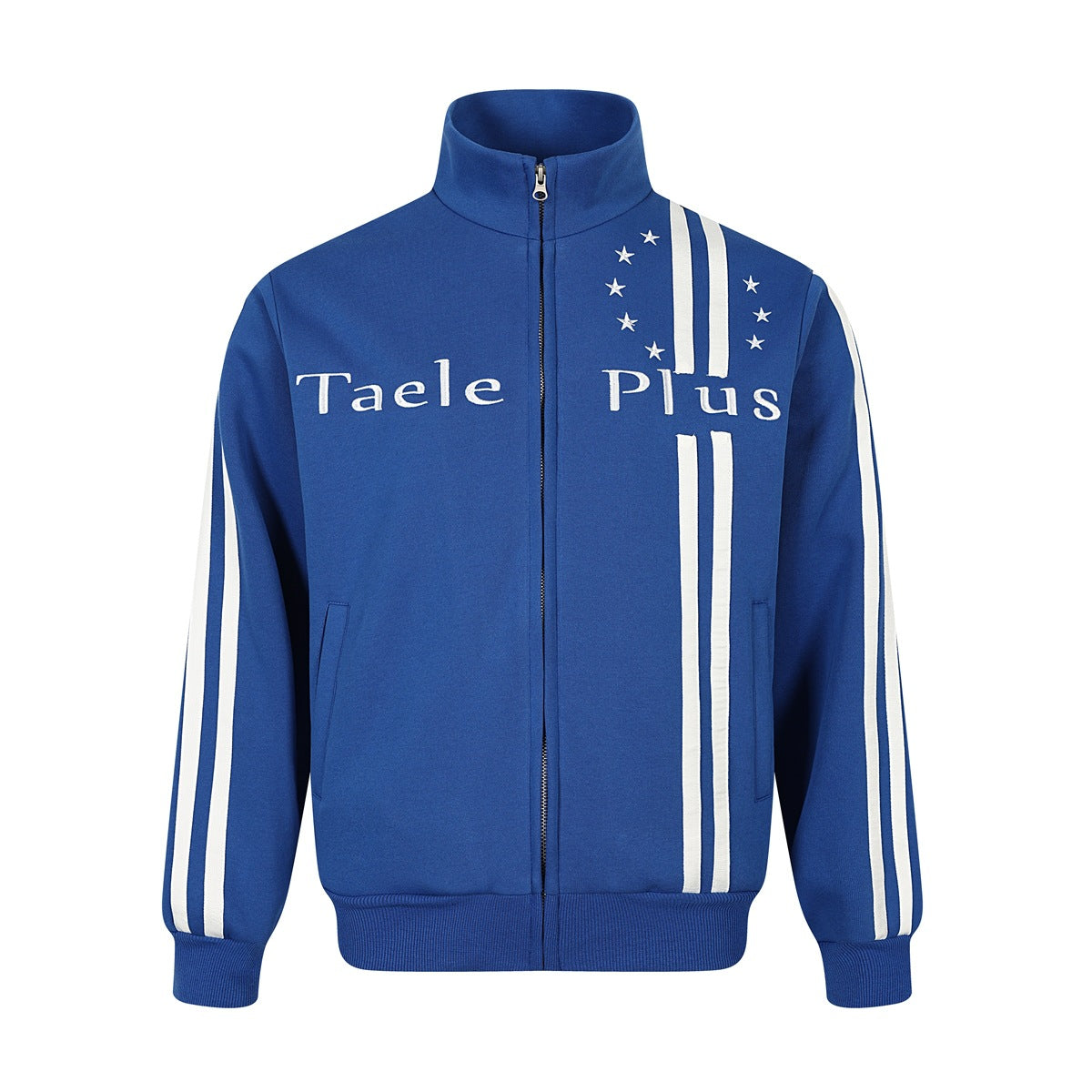 Blue stand-collar zip jacket with white double stripes, embroidered stars and chest lettering, ribbed cuffs and hem