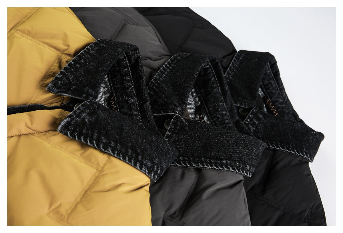 Close-up of dark pointed collars on mustard, gray, and black quilted jackets.