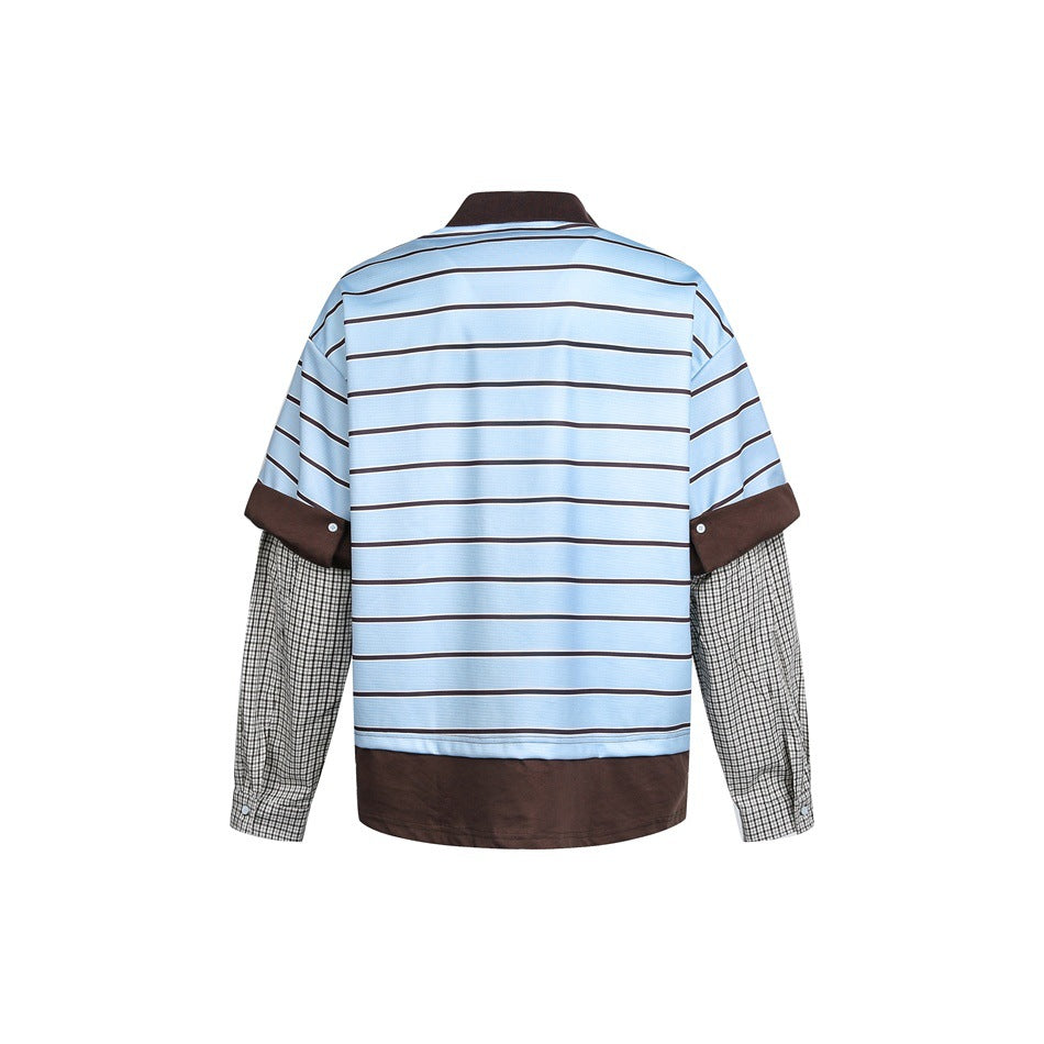 Back view of a light blue striped top with dark brown collar, cuffs and hem, plus long checked sleeves.