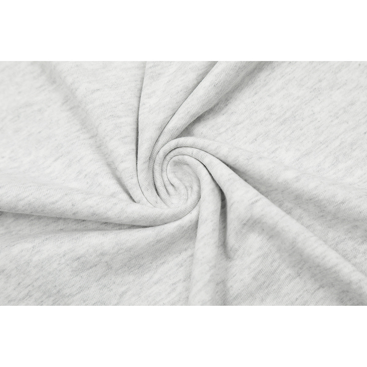 Close-up of light gray heathered knit fabric gathered into a spiral.