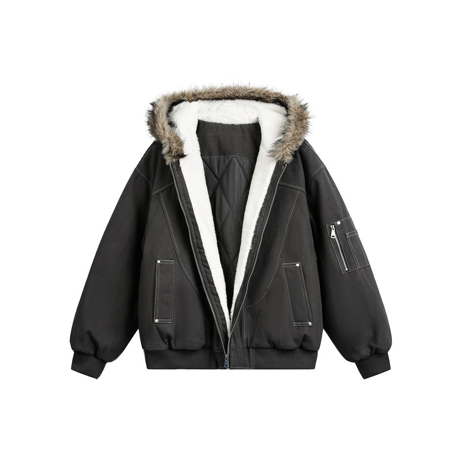 Front view of a black hooded jacket with white lining, a brown fur-trimmed hood, zip pockets and ribbed cuffs.