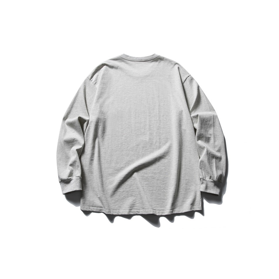 Back view of a light gray long-sleeve crewneck shirt with ribbed cuffs.