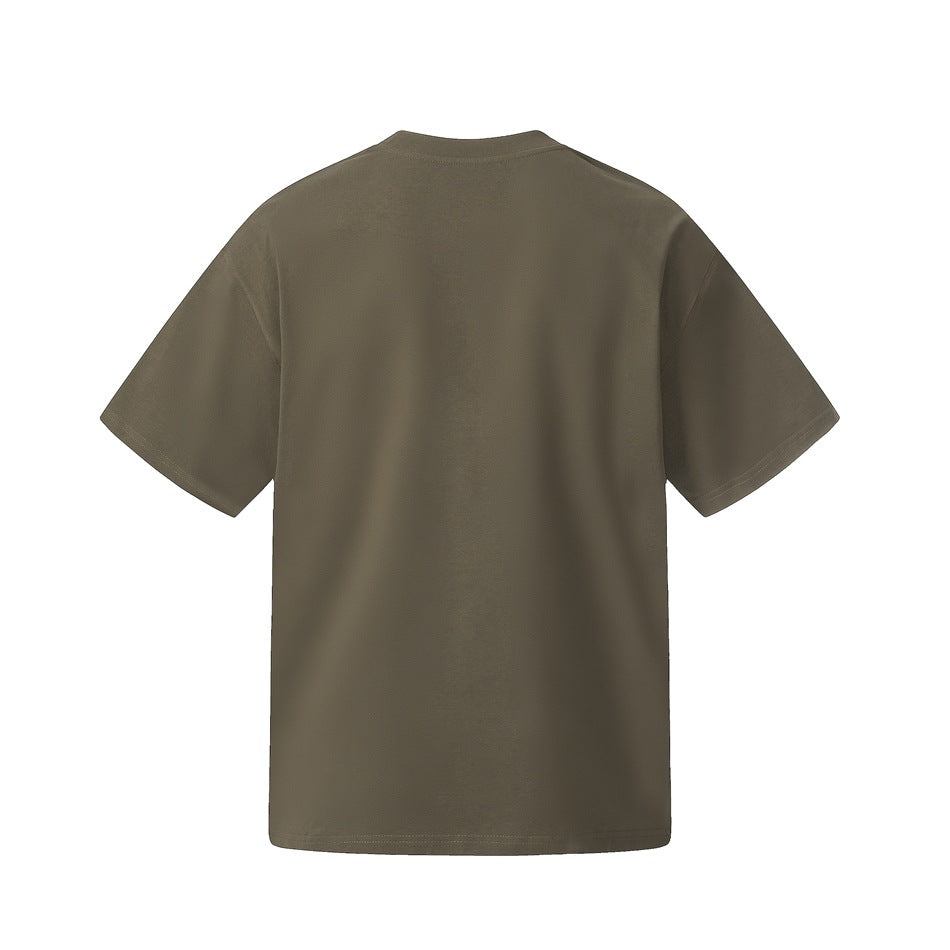 Back view of a plain olive-brown short-sleeve crew-neck T-shirt on a white background.