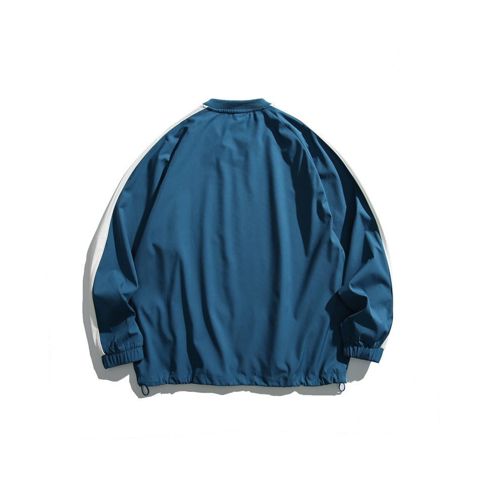 Back view of a blue pullover with white sleeve stripes, elastic cuffs, and adjustable hem cords.