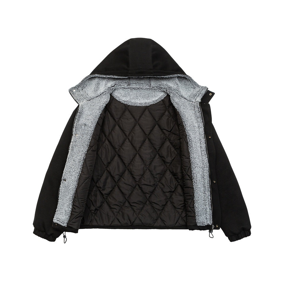 Open black hooded jacket laid flat, showing gray fleece trim and a black diamond-quilted lining.