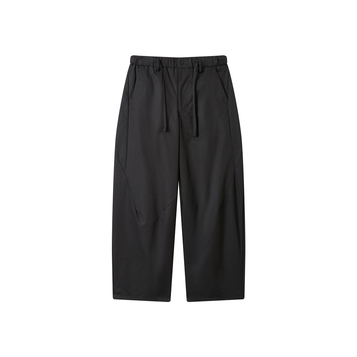 Black wide-leg trousers flat lay, front view, with elastic drawstring waist, snap button and side pockets