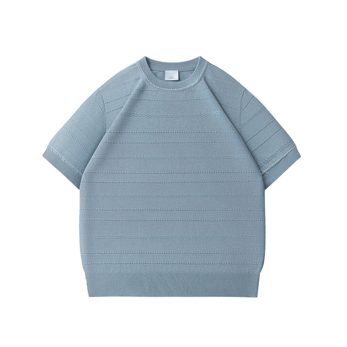Dusty blue short-sleeve knit top with textured horizontal stripes and ribbed crew neckline, flat lay front view