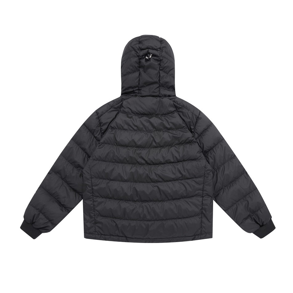 Back view of a black hooded quilted jacket with horizontal baffles and gathered cuffs.