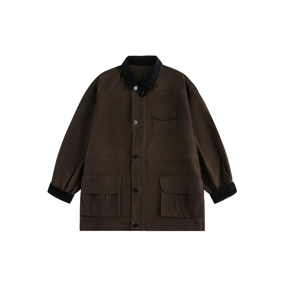 Dark brown button-front jacket with black collar and cuffs, chest flap pocket and two large front flap pockets, flat view