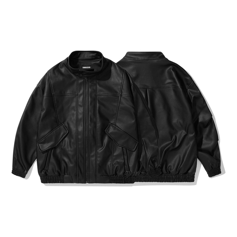 Black pebbled leather-look stand-collar zip jacket shown front and back side by side on a gray background