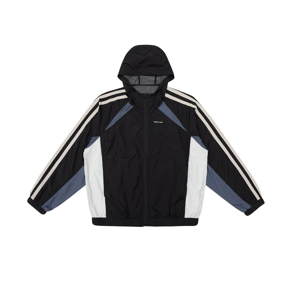 Black hooded zip jacket with cream sleeve stripes, slate blue shoulder panels and white side panels, flat lay front view
