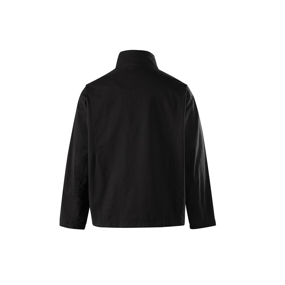 Black stand-collar jacket, plain back view with vertical seam lines