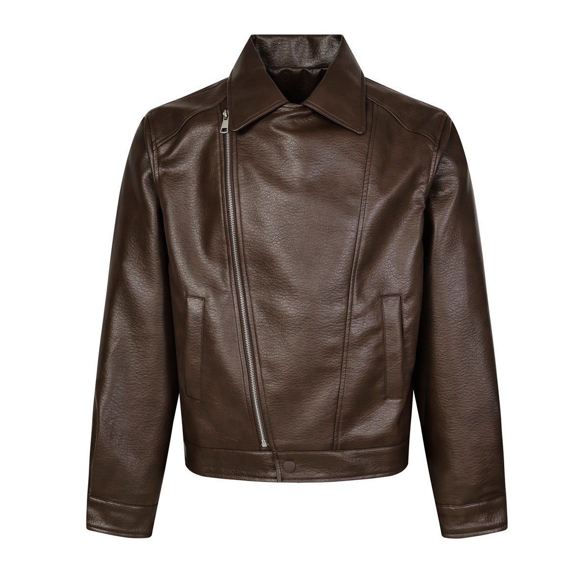 Dark brown faux-leather biker-style jacket, front view, with diagonal silver zipper, pointed collar and slit pockets