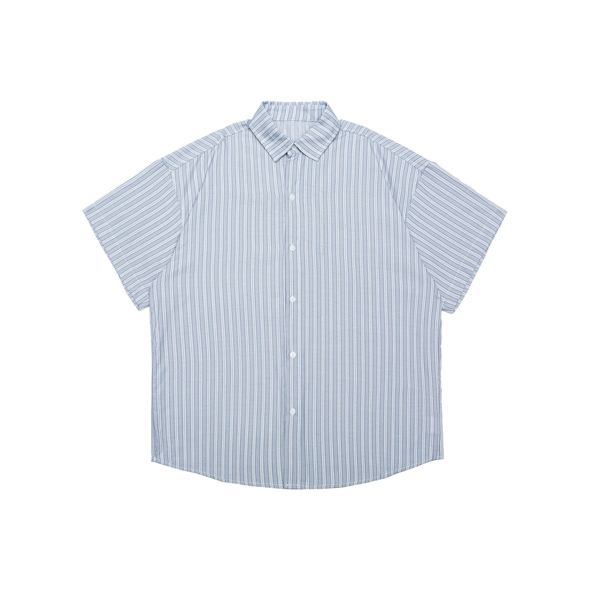 Blue striped short-sleeve button-up shirt with collar, flat lay front view