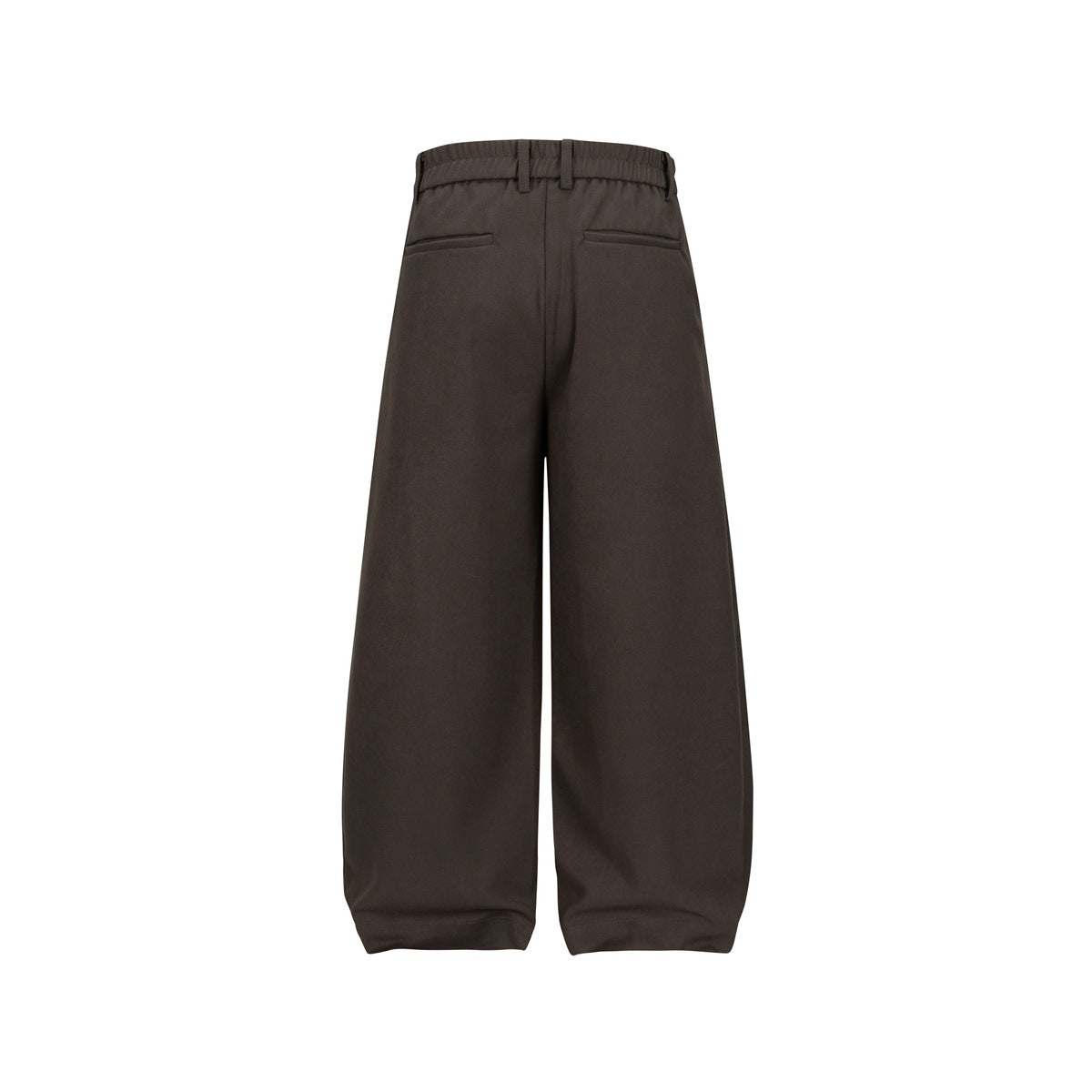 Full view of dark charcoal wide-leg trousers with belt loops, an elasticated waistband, and two rear welt pockets.