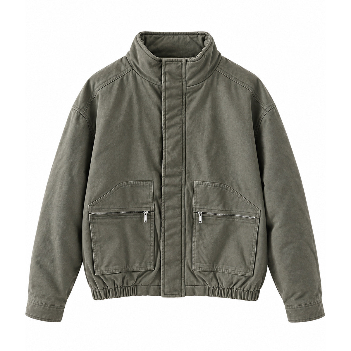 Army green washed stand-collar bomber jacket flat lay with zip pockets and elastic hem