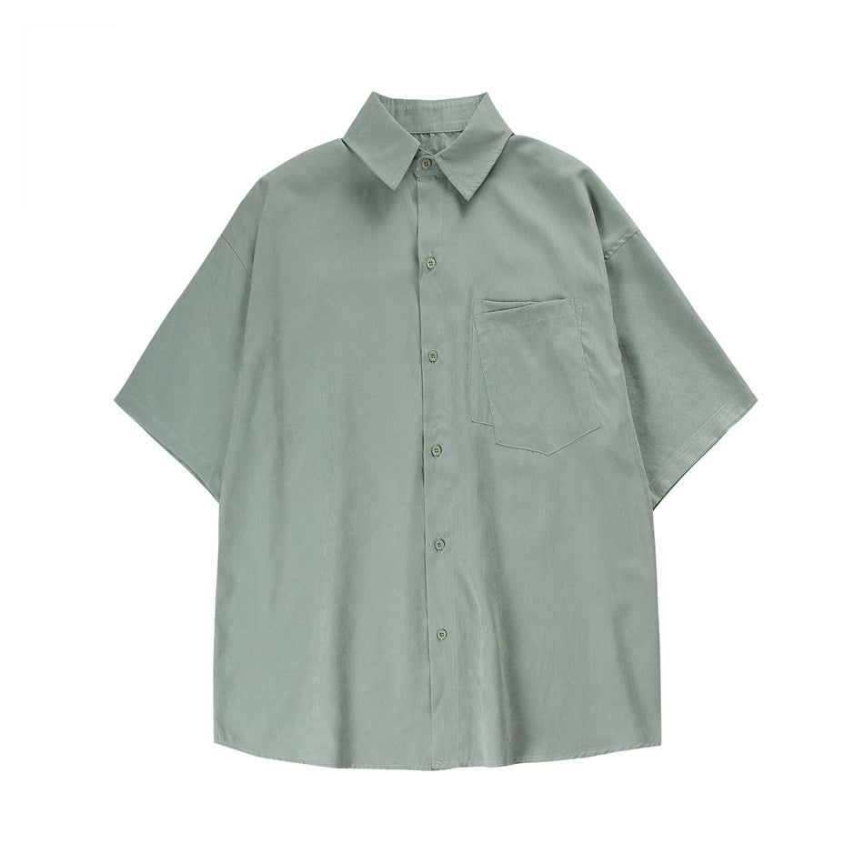 Light green short-sleeve button-up shirt with chest pocket, flat lay front view