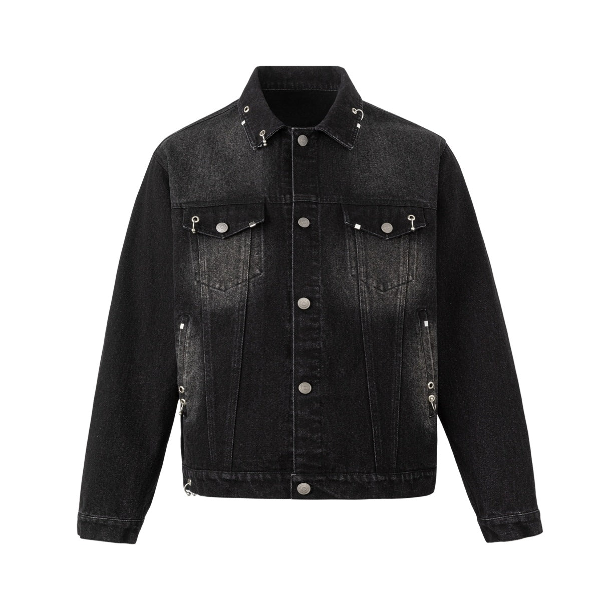 Black washed denim jacket with silver ring hardware on collar and chest pockets, front view