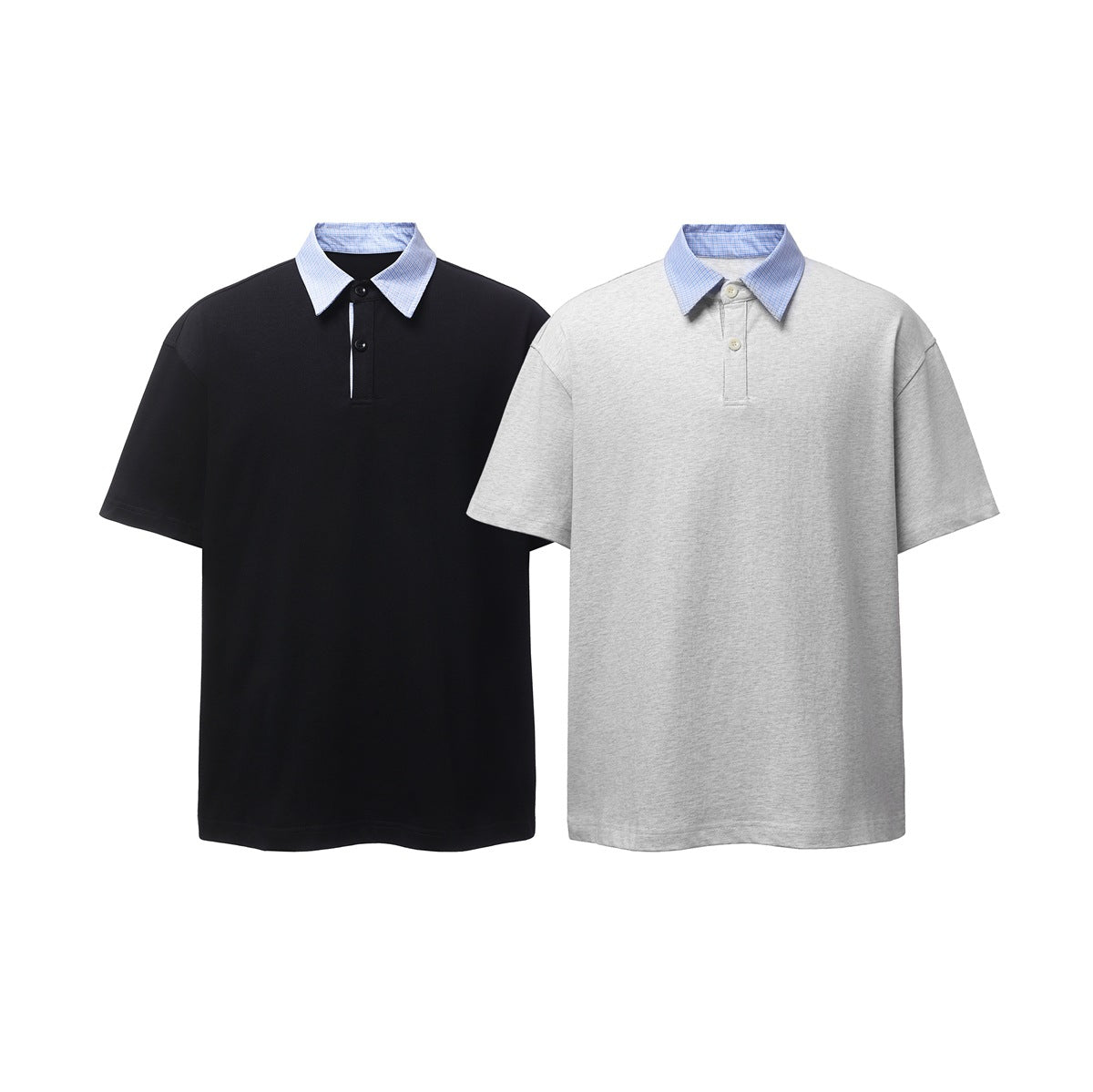 Two short-sleeve polo shirts shown from the front: black and light gray, both with blue checked collars.