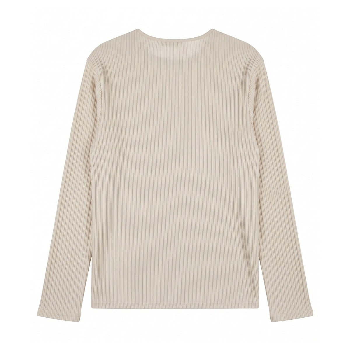 Back view of oat beige ribbed long-sleeve top with rounded neckline and drop shoulders
