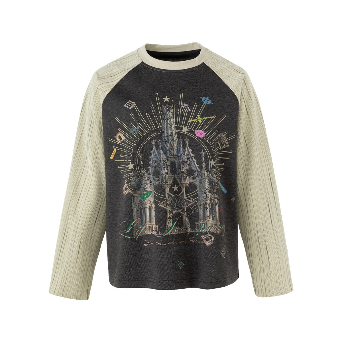 Charcoal raglan crew-neck sweatshirt with pale sage sleeves and collar and a gothic castle graphic on the front