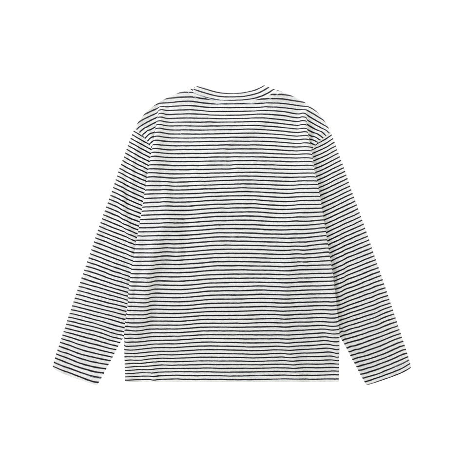 Back view of black and white striped long-sleeve crew neck tee, flat lay