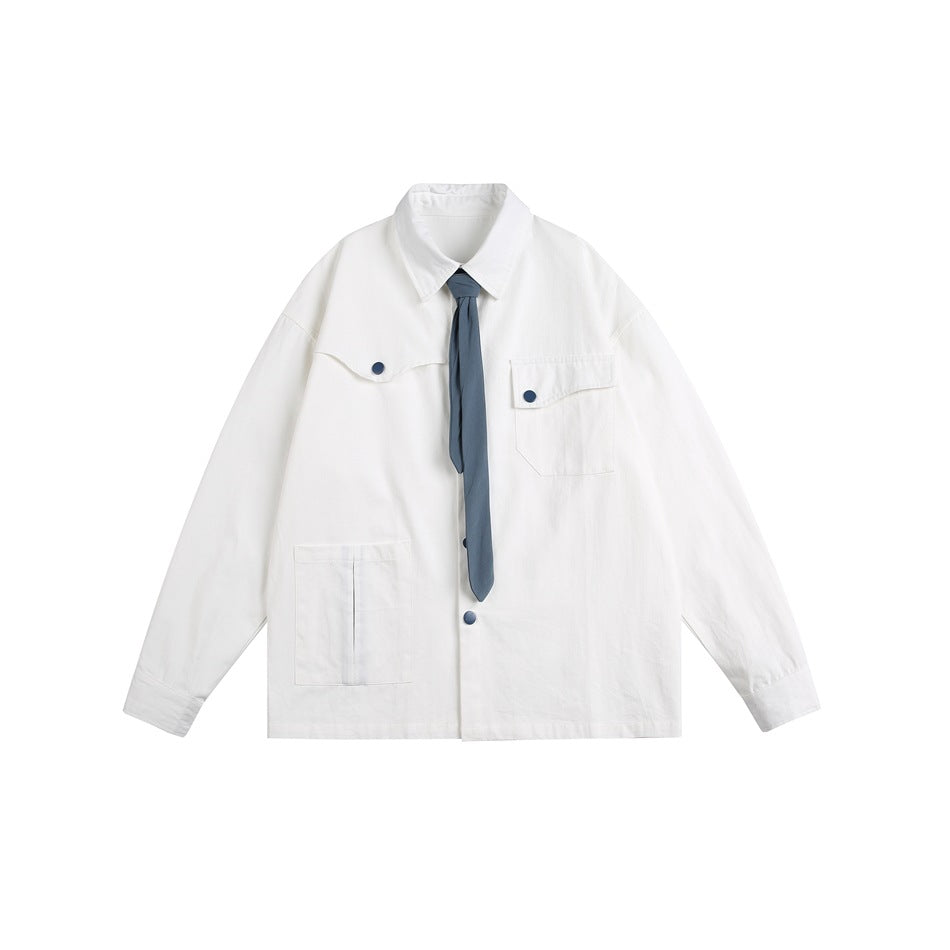 White long-sleeve collared button-front shirt jacket with blue-gray tie, blue snaps and chest and lower pockets, flat lay
