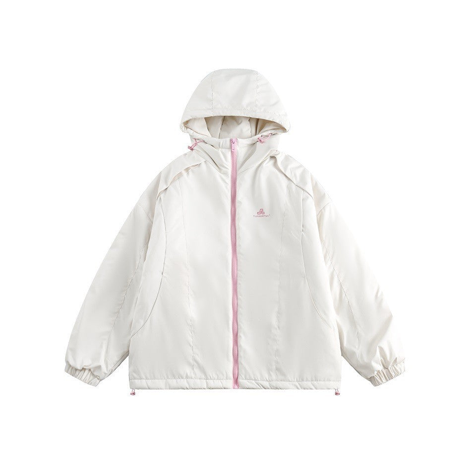 Off-white hooded zip jacket with pink zipper and drawcords, flat front view on white background