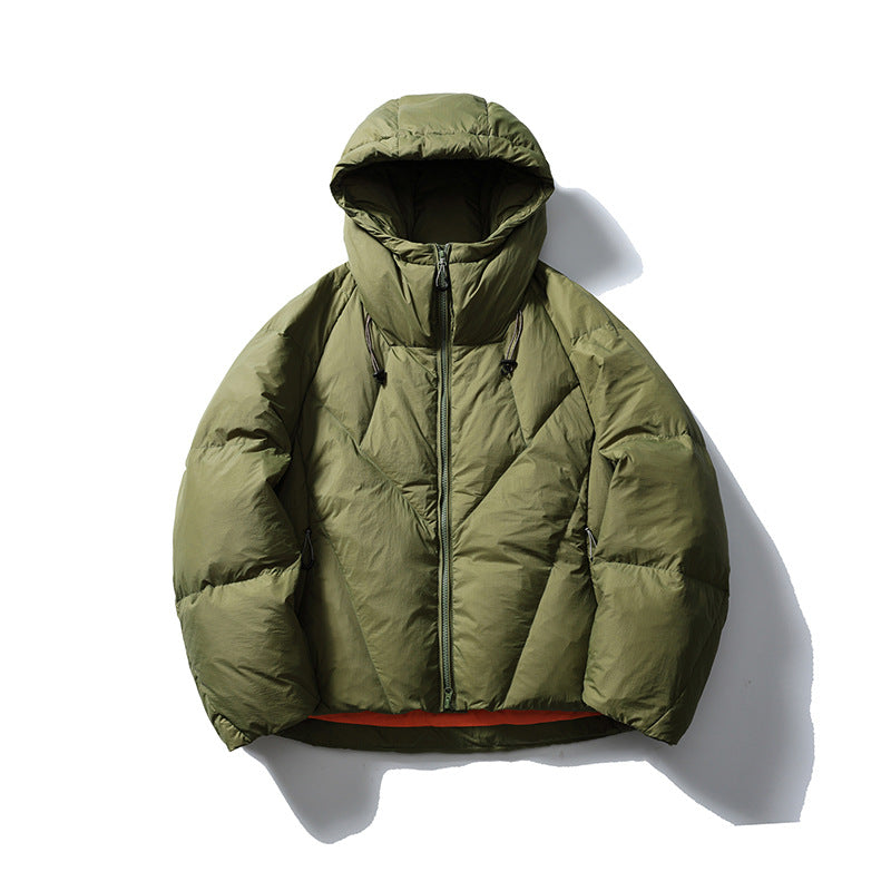 Avocado green hooded puffer jacket with front zip and orange hem lining, flat view