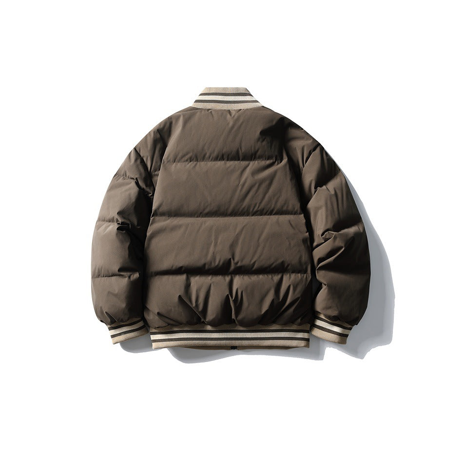 Back view of brown quilted puffer jacket with striped ribbed collar, cuffs and hem