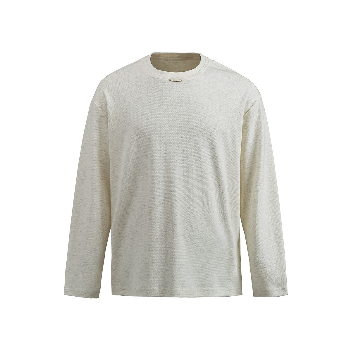 Off-white heathered long-sleeve crew-neck top, front flat view, with small metal bar at the neckline