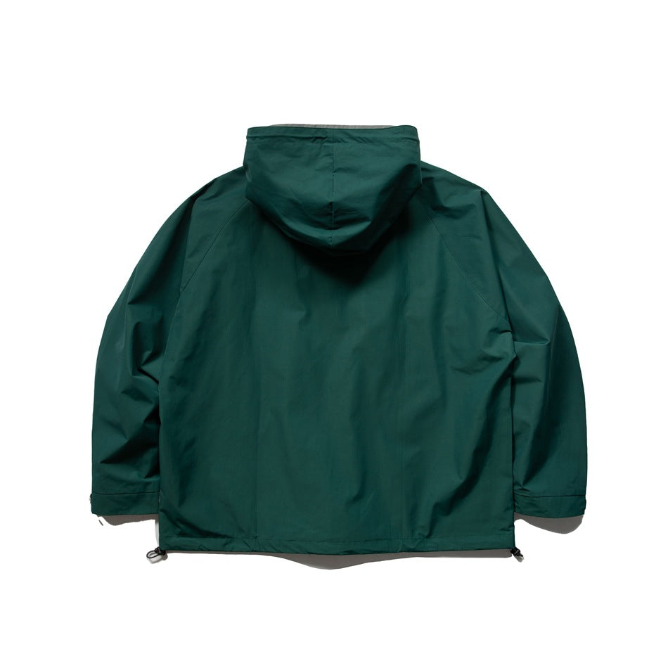 Back view of a dark teal hooded pullover jacket on a white background.