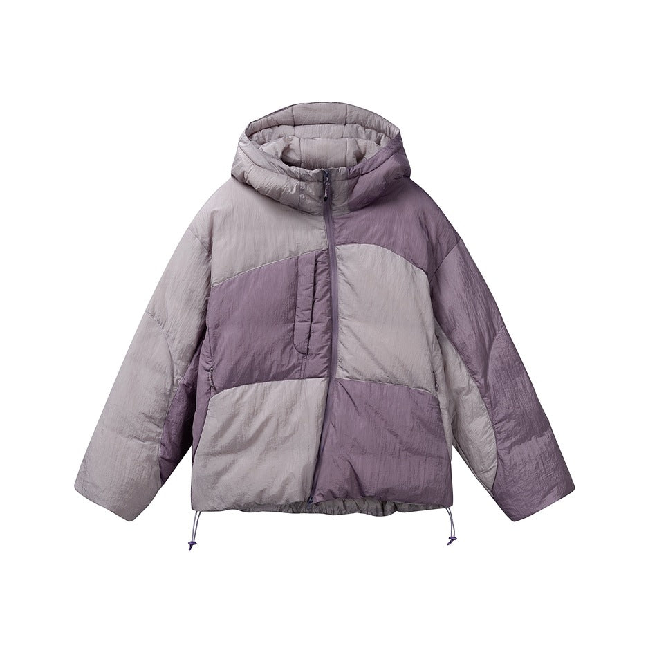 Hooded puffer jacket in lilac-gray and mauve purple color-block panels with diagonal front zip, flat view