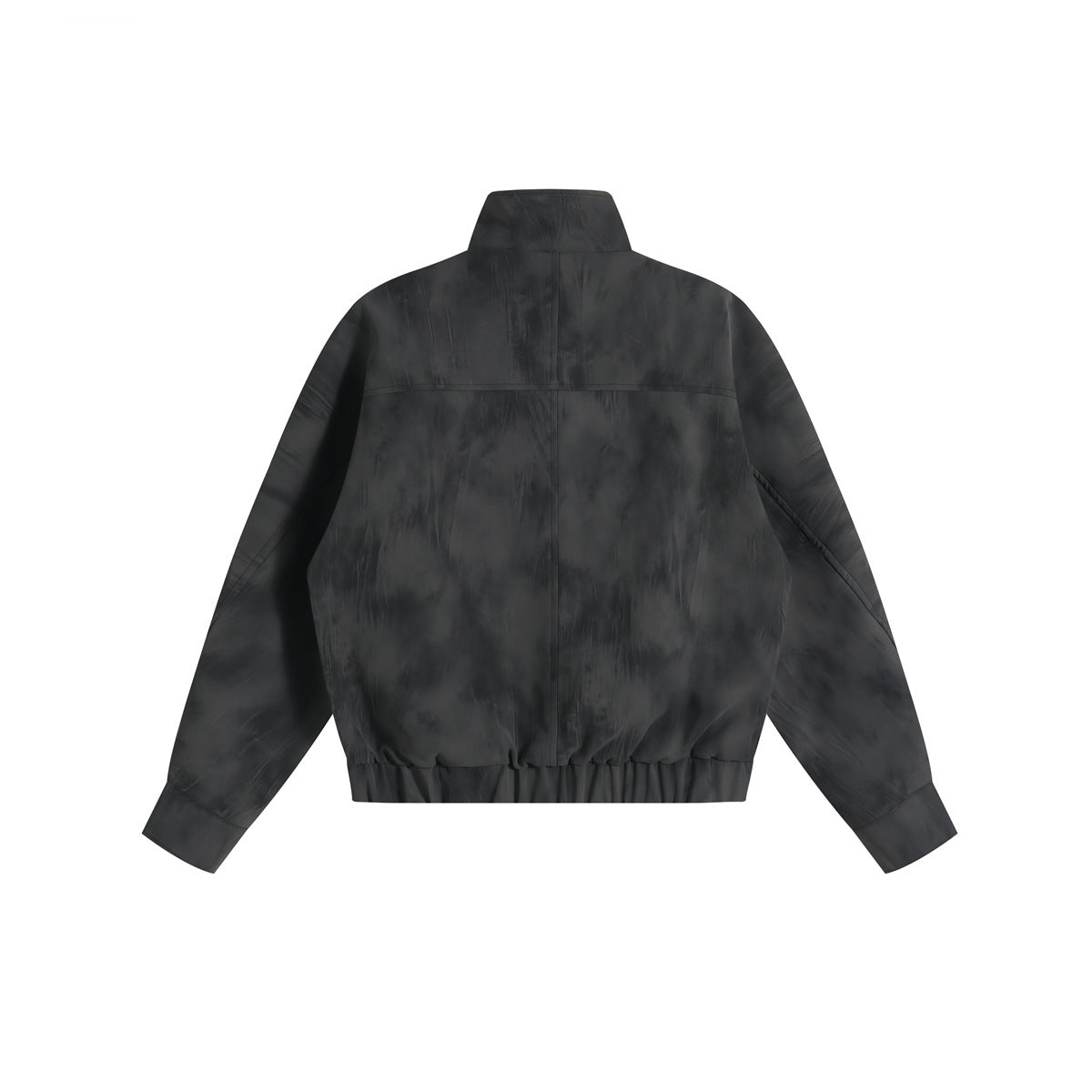 Back view of a dark charcoal jacket with a high collar, long sleeves, and gathered hem.